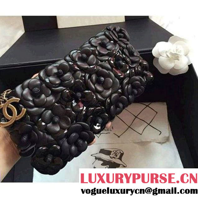 Chanel Lambskin and Calfskin Clutch Embellished With Black/Gold Hand-Stitched Camellias (2B019-3262 )