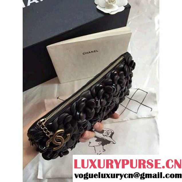 Chanel Lambskin and Calfskin Clutch Embellished With Black/Gold Hand-Stitched Camellias (2B019-3262 )
