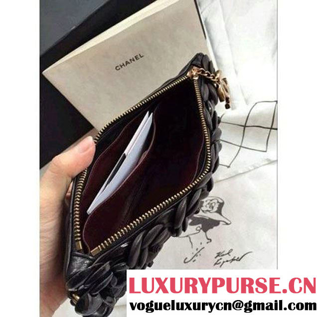 Chanel Lambskin and Calfskin Clutch Embellished With Black/Gold Hand-Stitched Camellias (2B019-3262 )