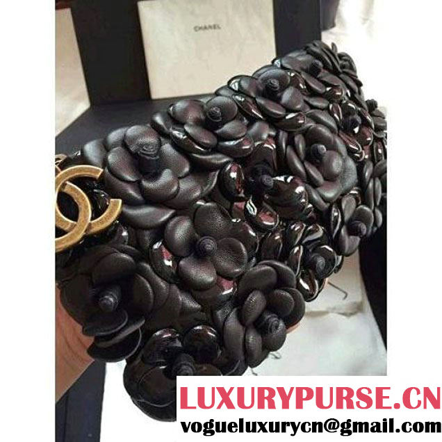 Chanel Lambskin and Calfskin Clutch Embellished With Black/Gold Hand-Stitched Camellias (2B019-3262 )