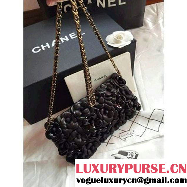 Chanel Lambskin and Calfskin Clutch Embellished With Black/Gold Hand-Stitched Camellias (2B019-3262 )