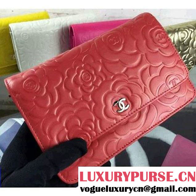 Chanel Camellia Lambskin Wallet On Chain Red (2B041B-061314 )