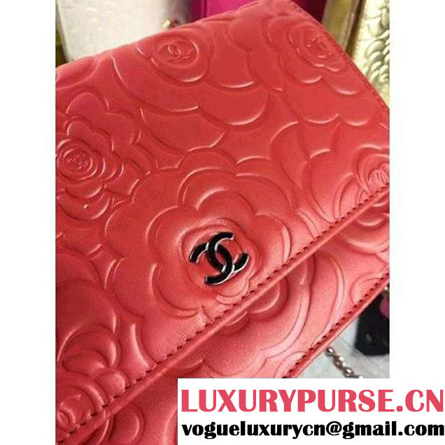 Chanel Camellia Lambskin Wallet On Chain Red (2B041B-061314 )
