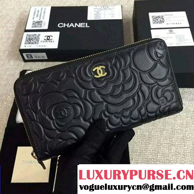 Chanel Lambskin Leather Camellia Zip-Around Long Wallet Black(GHW) (1c061-6051632 )