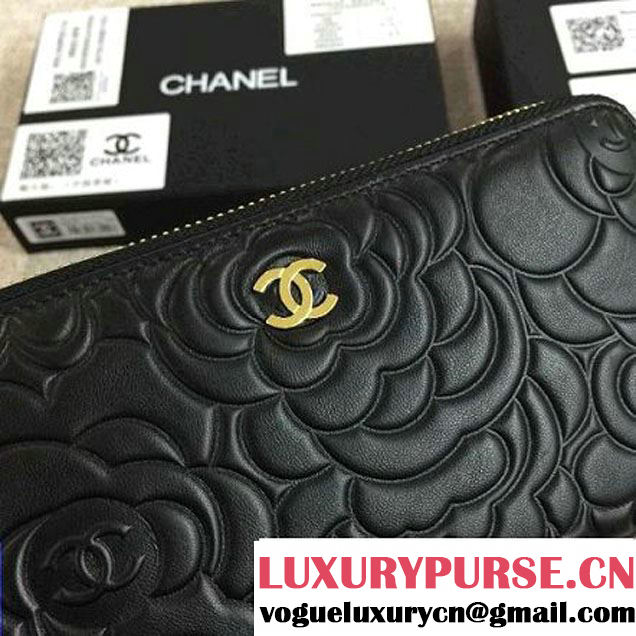 Chanel Lambskin Leather Camellia Zip-Around Long Wallet Black(GHW) (1c061-6051632 )