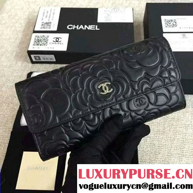 Chanel Lambskin Camellia Embossed Flap Wallet In Black(SHW) (1c061-6051633 )