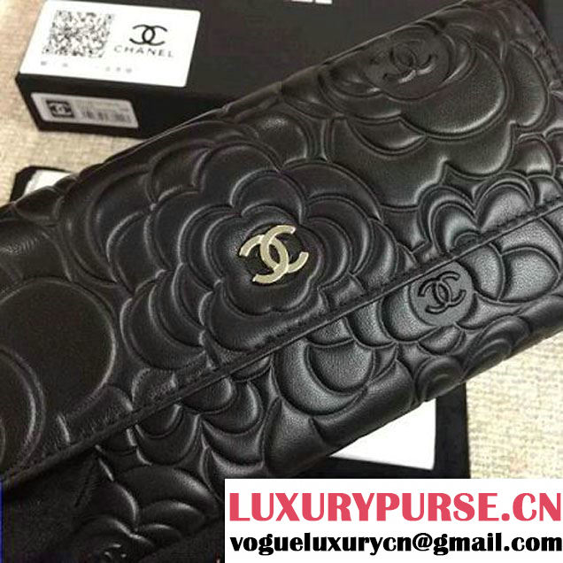 Chanel Lambskin Camellia Embossed Flap Wallet In Black(SHW) (1c061-6051633 )