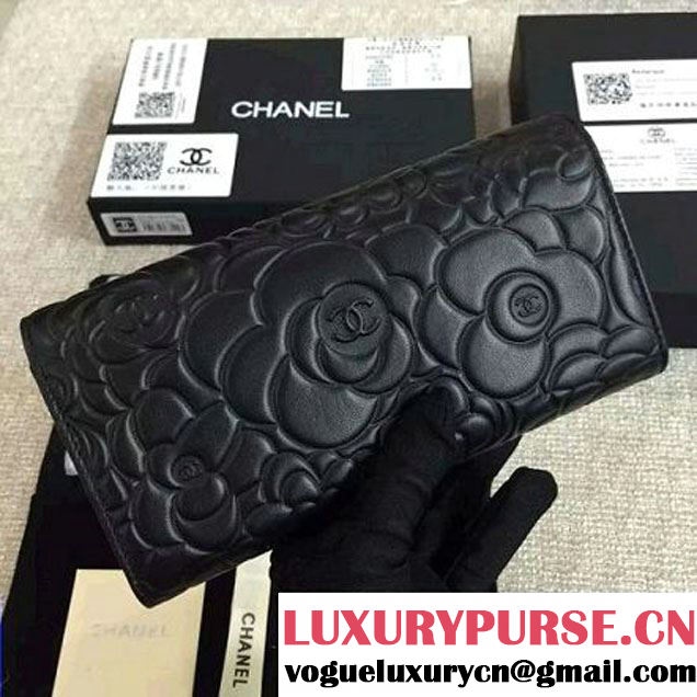 Chanel Lambskin Camellia Embossed Flap Wallet In Black(SHW) (1c061-6051633 )