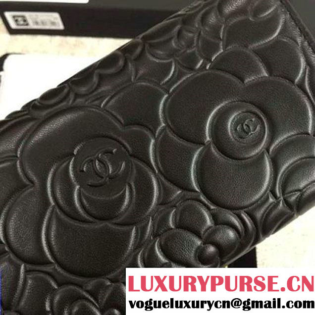 Chanel Lambskin Camellia Embossed Flap Wallet In Black(SHW) (1c061-6051633 )