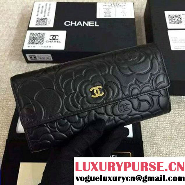 Chanel Lambskin Camellia Embossed Flap Wallet In Black(GHW) (1c061-6051634 )