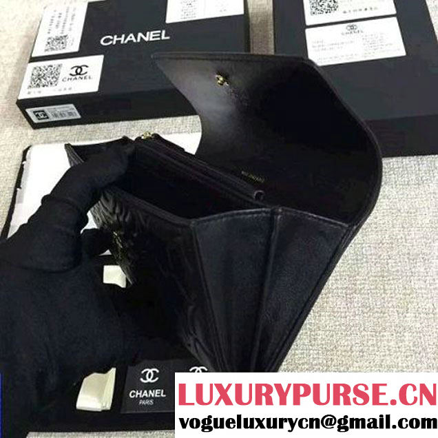 Chanel Lambskin Camellia Embossed Flap Wallet In Black(GHW) (1c061-6051634 )
