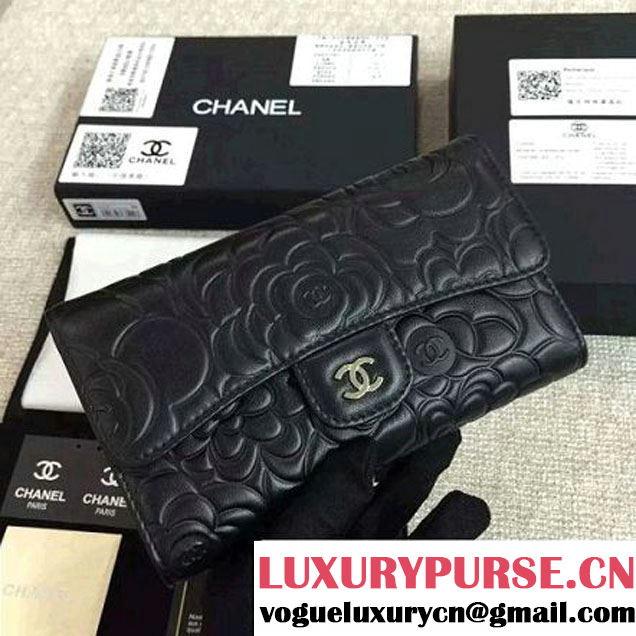 Chanel Black Lambskin Camellia Embossed Flap Wallet(SHW) (1c061-6051636 )