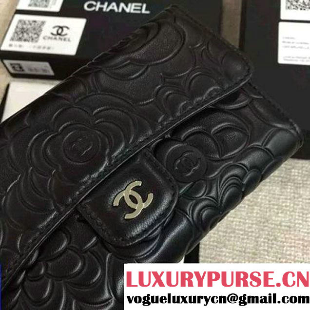 Chanel Black Lambskin Camellia Embossed Flap Wallet(SHW) (1c061-6051636 )