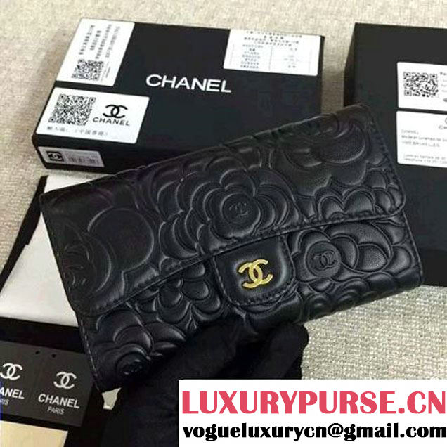 Chanel Black Lambskin Camellia Embossed Flap Wallet (GHW) (1c061-6051638 )