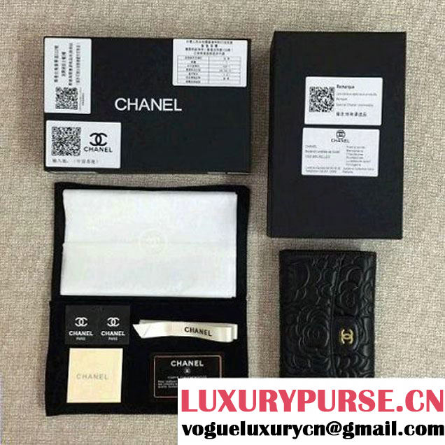 Chanel Black Lambskin Camellia Embossed Flap Wallet (GHW) (1c061-6051638 )