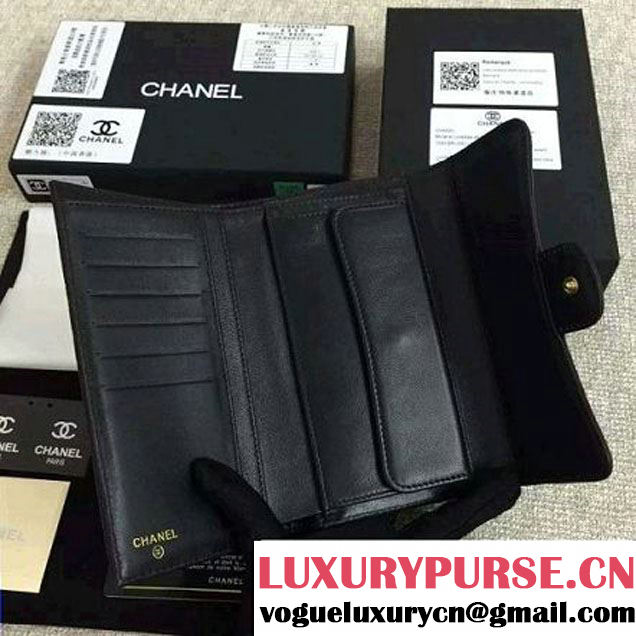 Chanel Black Lambskin Camellia Embossed Flap Wallet (GHW) (1c061-6051638 )