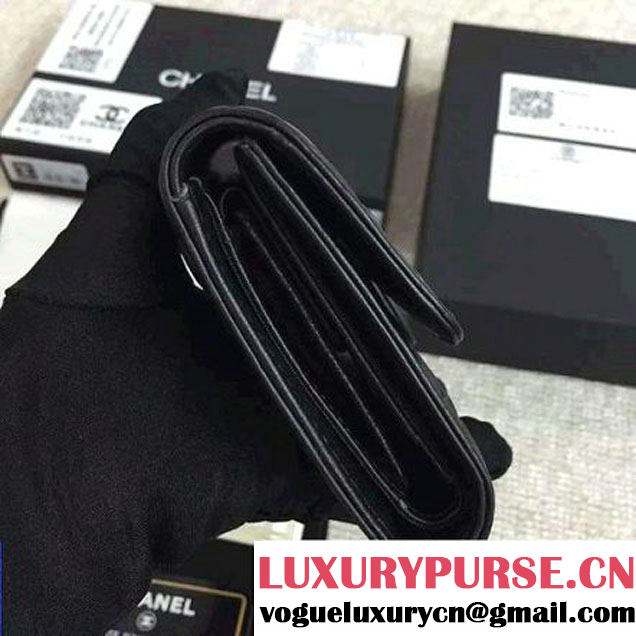 Chanel Black Lambskin Camellia Embossed Flap Wallet (GHW) (1c061-6051638 )