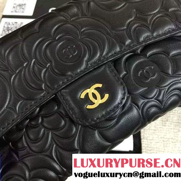 Chanel Black Lambskin Camellia Embossed Flap Wallet (GHW) (1c061-6051638 )