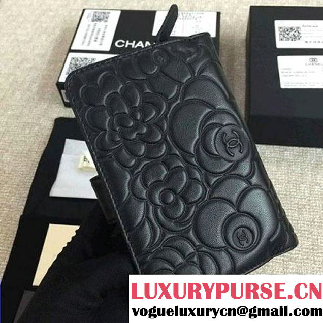 Chanel Black Lambskin Camellia Zipped Pocket Wallet(SHW) (1c061-051637 )
