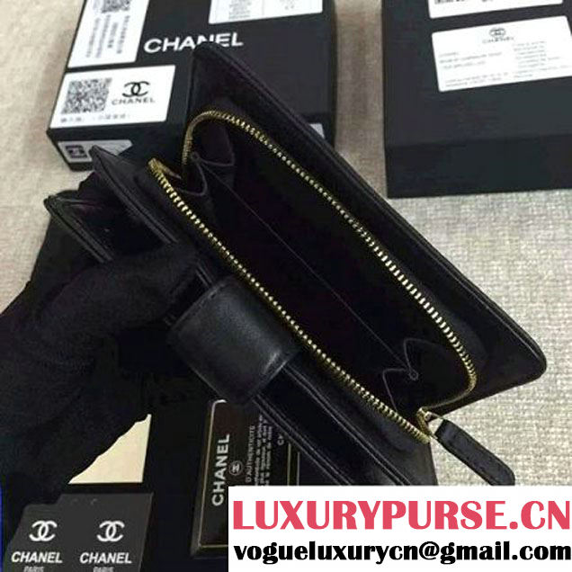 Chanel Black Lambskin  Camellia Zipped Pocket Wallet锛圙HW锛?(1c061-6051639 )