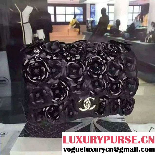 Chanel Black Lambskin Medium Flap Bag Embellished with Hand-Stitched Camellias (2a058-6062131 )