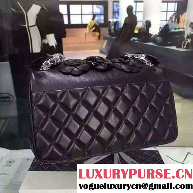 Chanel Black Lambskin Medium Flap Bag Embellished with Hand-Stitched Camellias (2a058-6062131 )