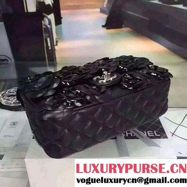 Chanel Black Lambskin Medium Flap Bag Embellished with Hand-Stitched Camellias (2a058-6062131 )