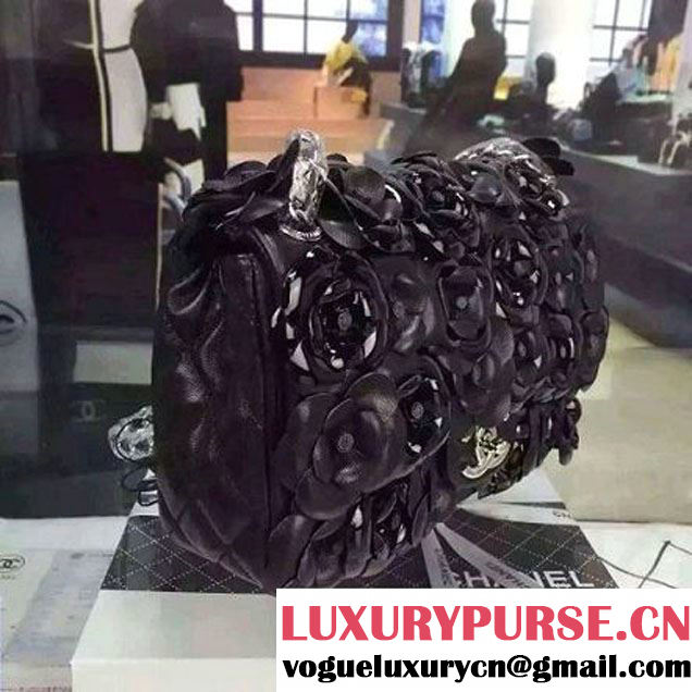 Chanel Black Lambskin Medium Flap Bag Embellished with Hand-Stitched Camellias (2a058-6062131 )