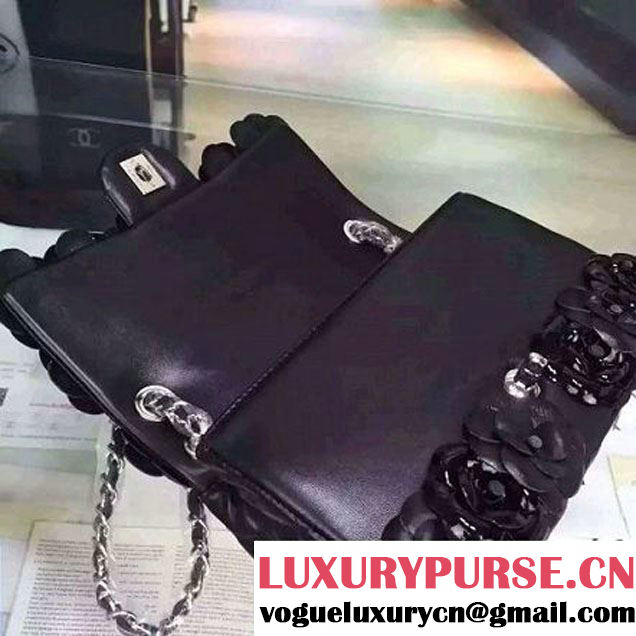 Chanel Black Lambskin Medium Flap Bag Embellished with Hand-Stitched Camellias (2a058-6062131 )