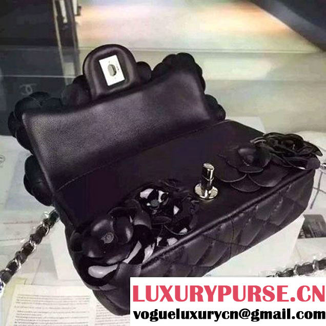Chanel Black Lambskin Small Flap Bag Embellished with Hand-Stitched Camellias (2a058-6062132 )
