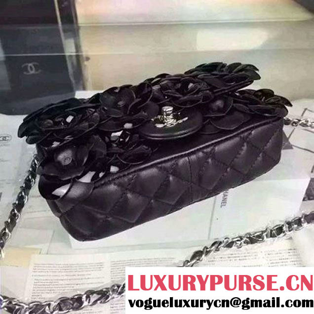 Chanel Black Lambskin Small Flap Bag Embellished with Hand-Stitched Camellias (2a058-6062132 )