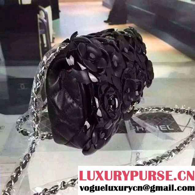Chanel Black Lambskin Small Flap Bag Embellished with Hand-Stitched Camellias (2a058-6062132 )