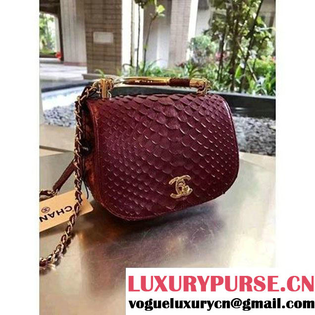 Chanel Python Leather Carry Chic Small Top Handle Flap Bag A93751 Burgundy 2017 (1B14-7032908 )