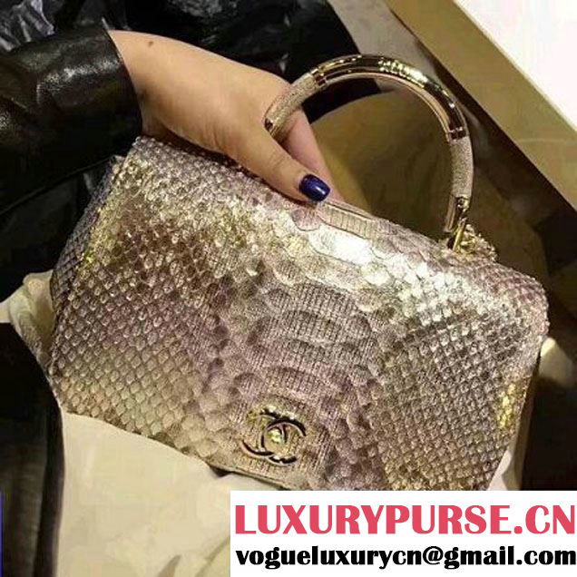 Chanel Python Leather Carry Chic Medium Top Handle Flap Bag A93752 Gold 2017 (BT-7041203 )