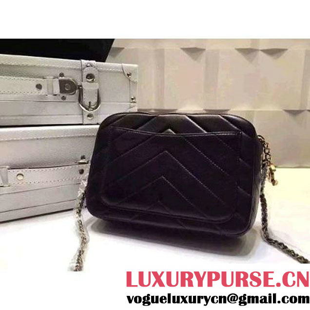 Chanel Small Herringbone Quilted Black Lambskin Camera Case With A Removable Pouch Cruise 2016 (FTH-121103 )