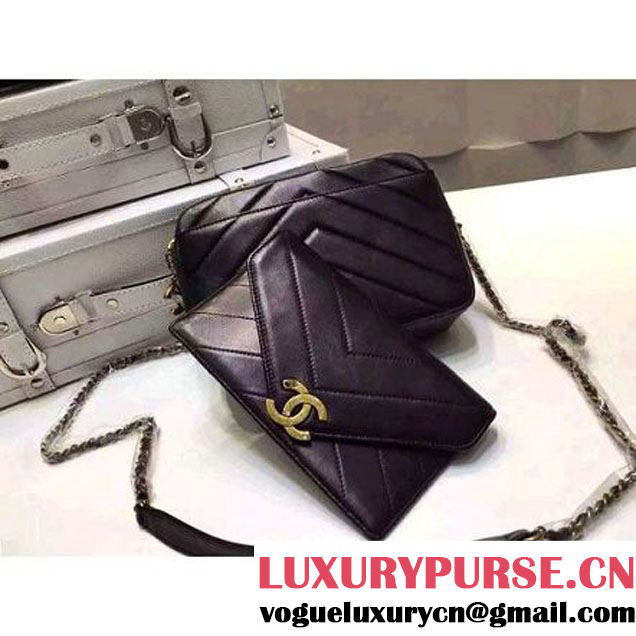 Chanel Small Herringbone Quilted Black Lambskin Camera Case With A Removable Pouch Cruise 2016 (FTH-121103 )