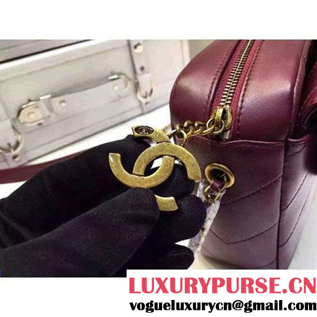 Chanel Small Herringbone Quilted Burgundy Lambskin Camera Case With A Removable Pouch Cruise 2016 (FTH-121104 )