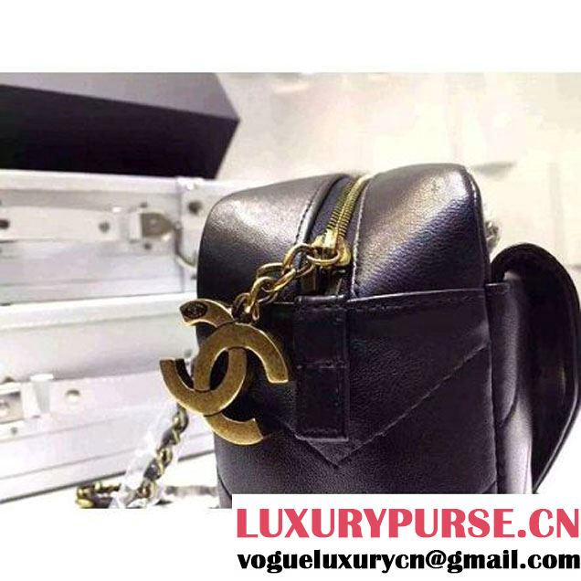 Chanel Medium Herringbone Quilted Black Lambskin Camera Case With A Removable Pouch Cruise 2016 (FTH-121105 )
