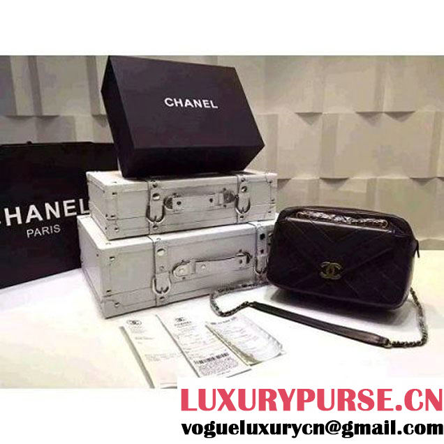 Chanel Medium Herringbone Quilted Black Lambskin Camera Case With A Removable Pouch Cruise 2016 (FTH-121105 )