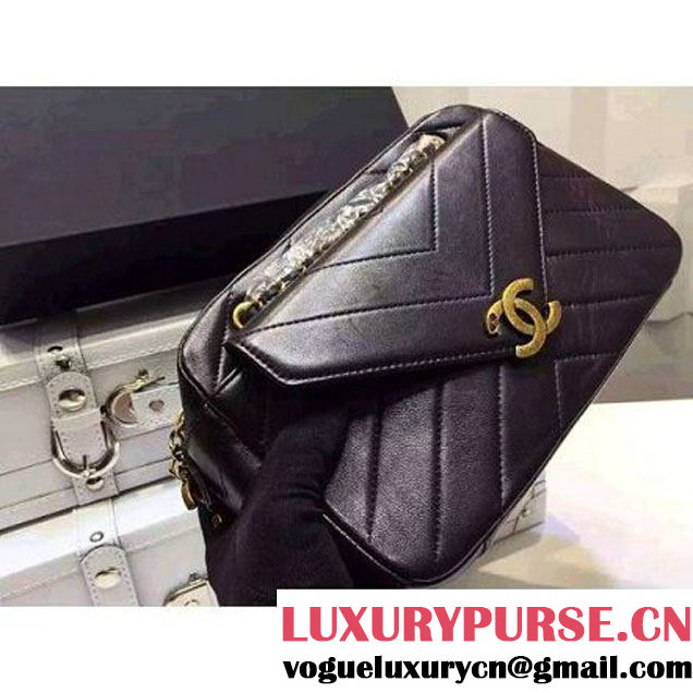 Chanel Medium Herringbone Quilted Black Lambskin Camera Case With A Removable Pouch Cruise 2016 (FTH-121105 )