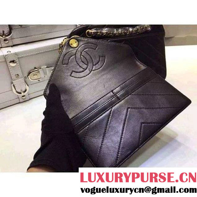Chanel Medium Herringbone Quilted Black Lambskin Camera Case With A Removable Pouch Cruise 2016 (FTH-121105 )