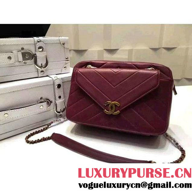 Chanel Small Herringbone Quilted Burgundy Lambskin Camera Case With A Removable Pouch Cruise 2016 (FTH-121106 )