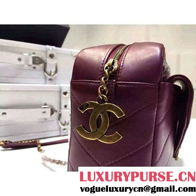 Chanel Small Herringbone Quilted Burgundy Lambskin Camera Case With A Removable Pouch Cruise 2016 (FTH-121106 )