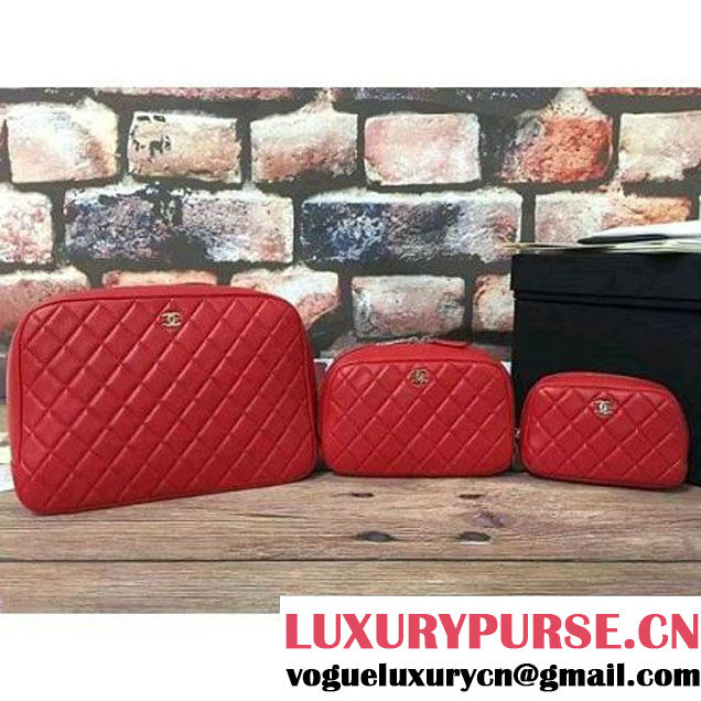 Chanel Lambskin Cosmetic Pouch Large Bag Red 2016 (2B038-6082319 )
