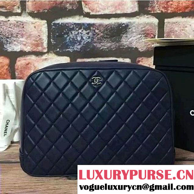 Chanel Lambskin Cosmetic Pouch Large Bag Navy Blue 2016 (2B038-6082320 )