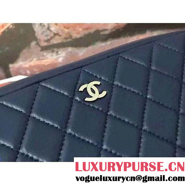 Chanel Lambskin Cosmetic Pouch Large Bag Navy Blue 2016 (2B038-6082320 )