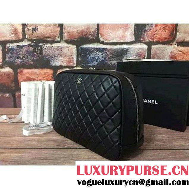 Chanel Lambskin Cosmetic Pouch Large Bag Black 2016 (2B038-6082321 )