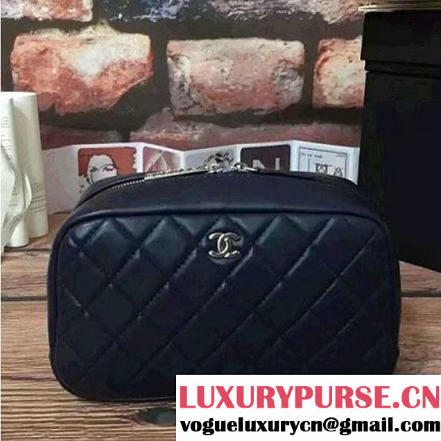 Chanel Lambskin Cosmetic Pouch Medium Bag A80910 Navy Blue 2016 (2B038-6082323 )