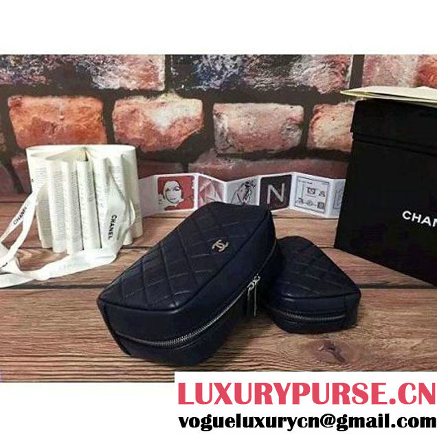 Chanel Lambskin Cosmetic Pouch Medium Bag A80910 Navy Blue 2016 (2B038-6082323 )