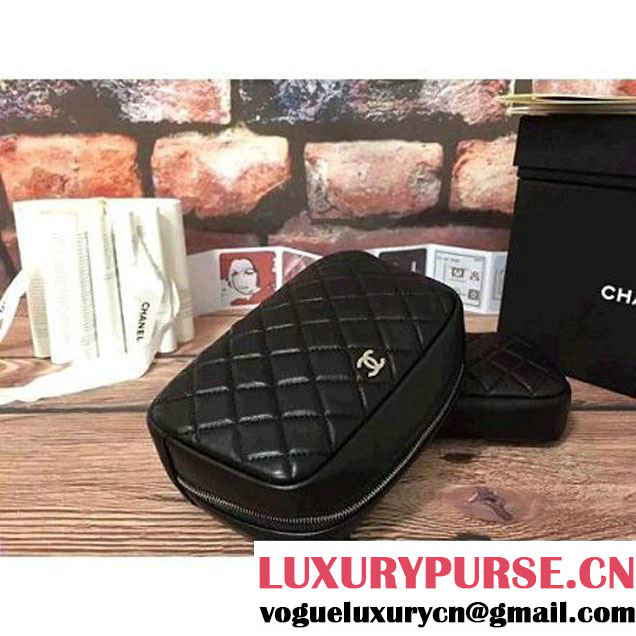 Chanel Lambskin Cosmetic Pouch Medium Bag A80910 Black 2016 (2B038-6082324 )